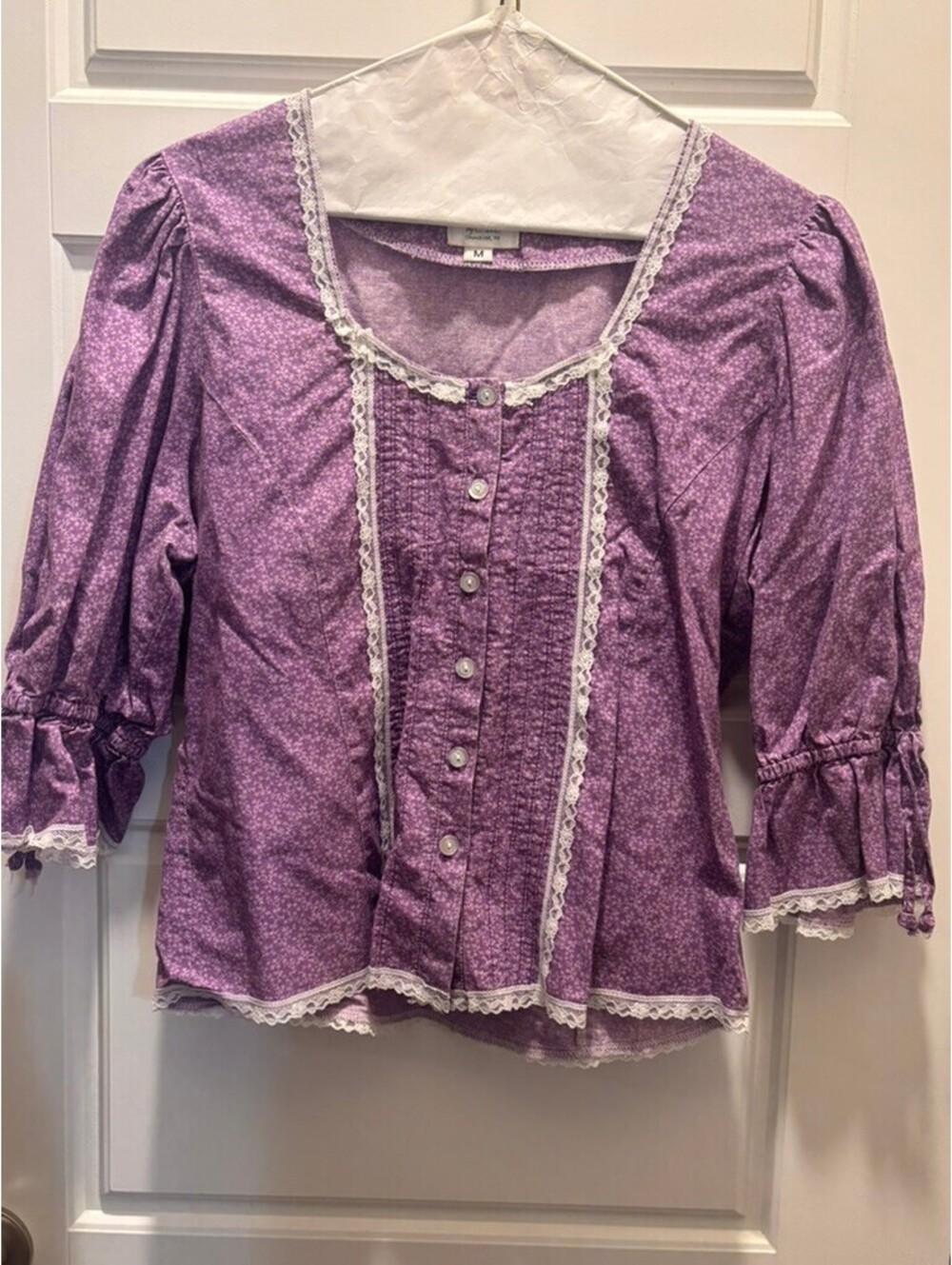Vintage 90s Purple Prairie Cottagecore Lace Pintuck Puff Sleeve Blouse Medium